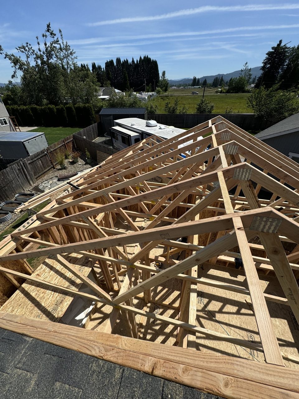 New residential roof framing viewed from above